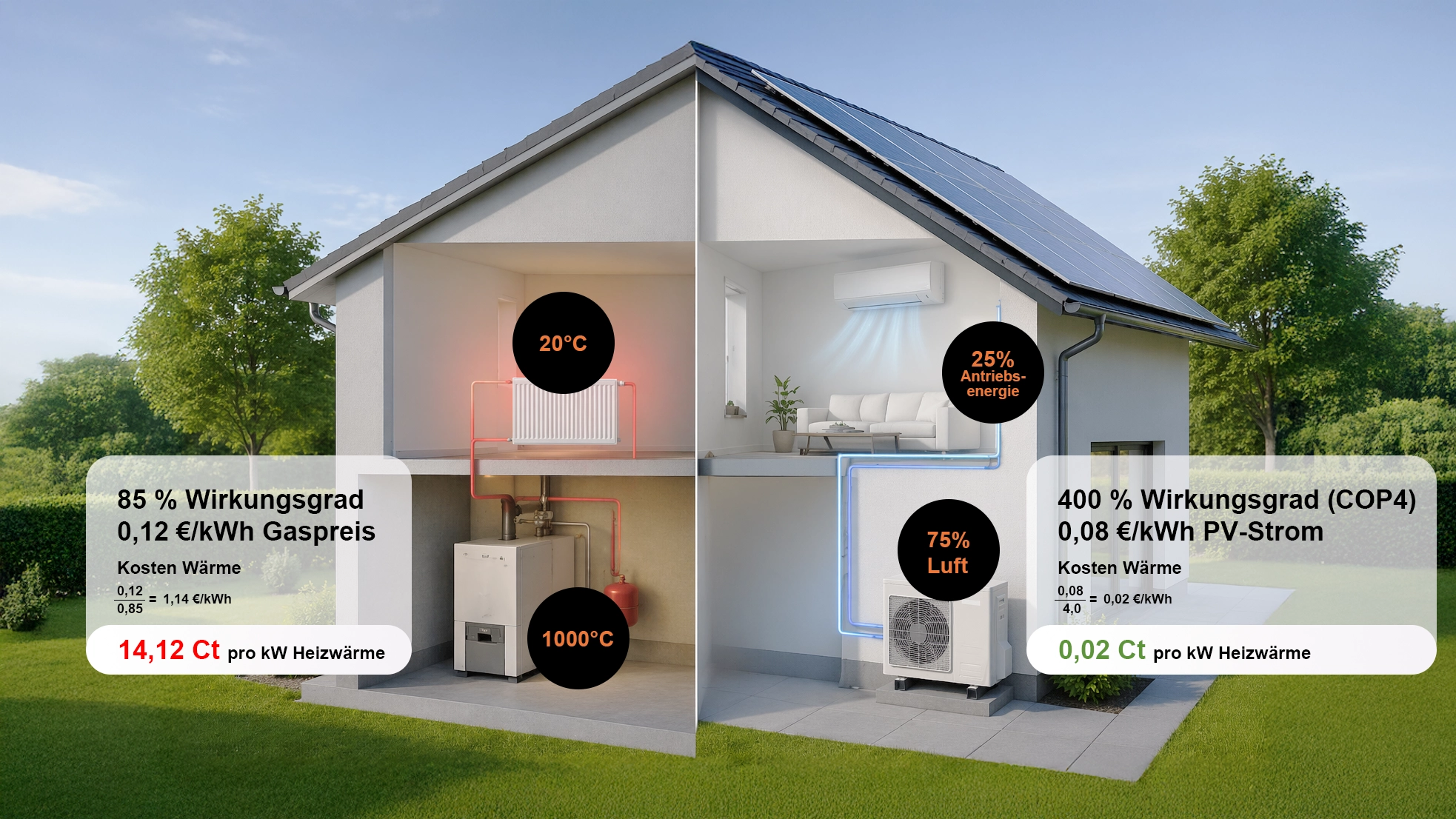 Wirkungsgrad Gasheizung vs. solarbetriebene Klimaanlage